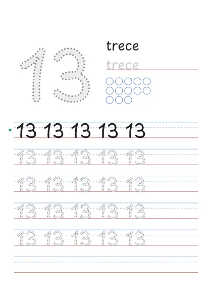 Número 13 para trazar con la palabra trece y 13 círculos para contar