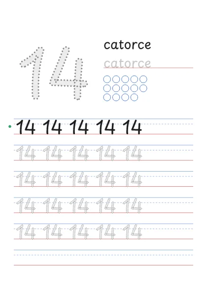 Número 14 para trazar con la palabra catorce y 14 círculos para contar