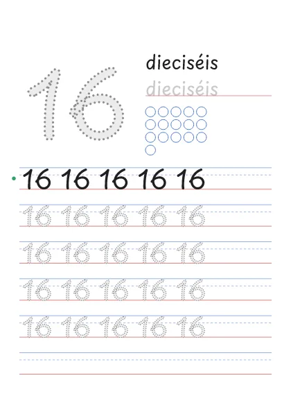 Número 16 para trazar con la palabra dieciséis y 16 círculos para contar