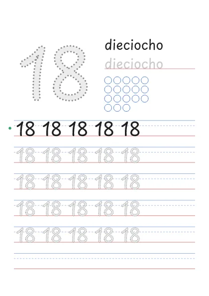 Número 18 para trazar con la palabra dieciocho y 18 círculos para contar