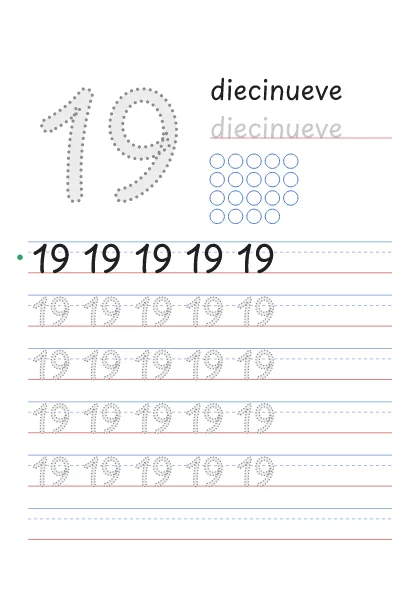 Número 19 para trazar con la palabra diecinueve y 19 círculos para contar