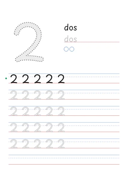 Número 2 para trazar con la palabra dos y 2 círculos para contar