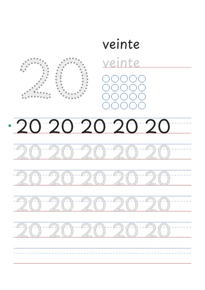 Número 20 para trazar con la palabra veinte y 20 círculos para contar