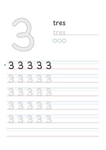 Número 3 para trazar con la palabra tres y 3 círculos para contar