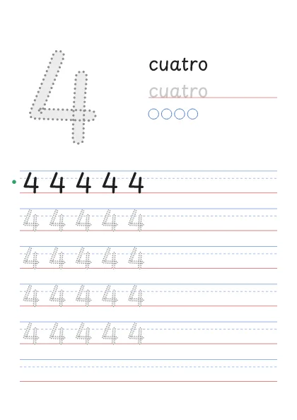 Número 4 para trazar con la palabra cuatro y 4 círculos para contar