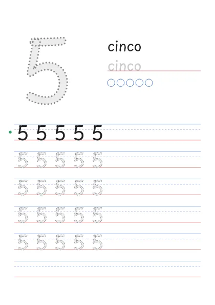Número 5 para trazar con la palabra cinco y 5 círculos para contar