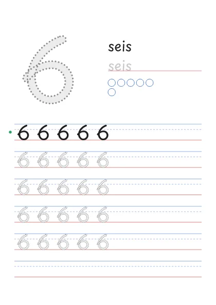 Número 6 para trazar con la palabra seis y 6 círculos para contar