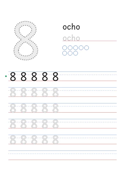 Número 8 para trazar con la palabra ocho y 8 círculos para contar