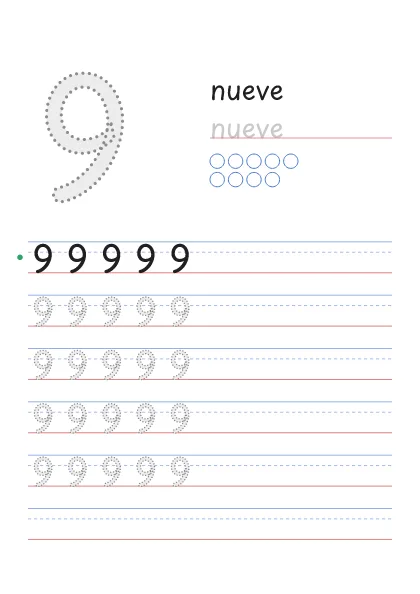 Número 9 para trazar con la palabra nueve y 9 círculos para contar