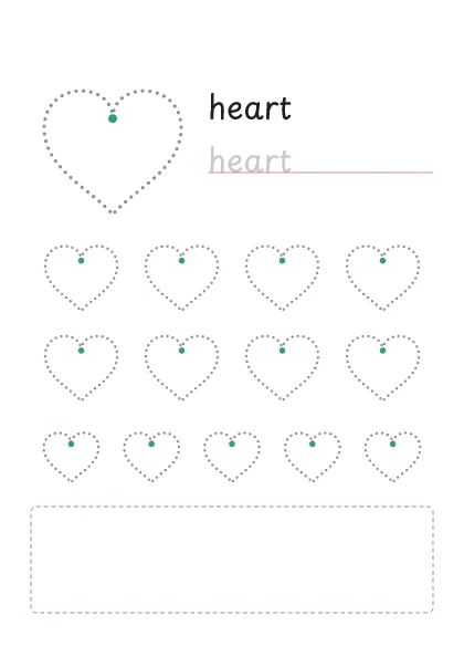 Heart tracing worksheet: a big dotted heart, the word heart to trace and rows of smaller hearts