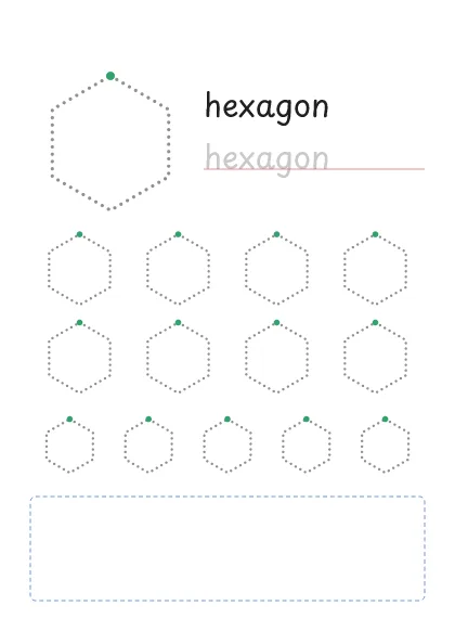 Hexagon tracing worksheet: a big dotted hexagon, the word hexagon to trace and rows of smaller hexagons