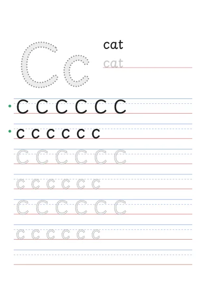 Letter C tracing worksheet with a big Cc, the word cat and rows to trace