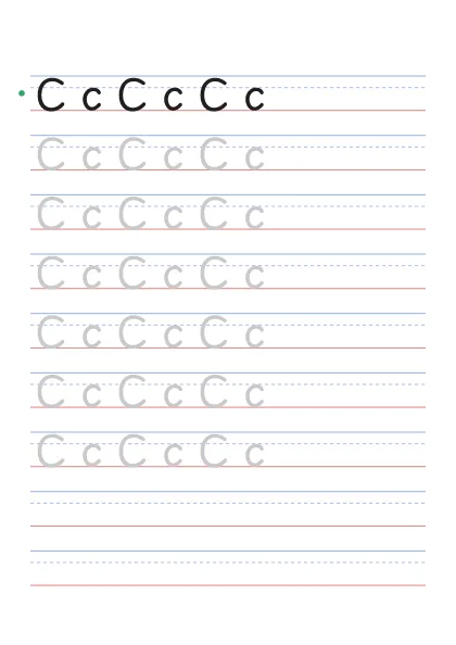 Letter C tracing worksheet with uppercase C and lowercase c on guide lines