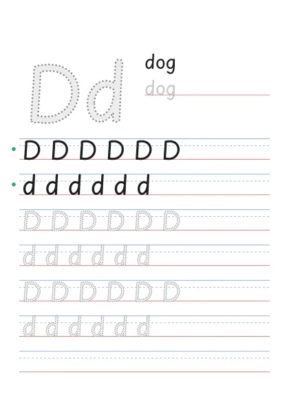 Letter D tracing worksheet with a big Dd, the word dog and rows to trace