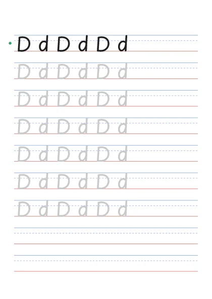 Letter D tracing worksheet with uppercase D and lowercase d on guide lines