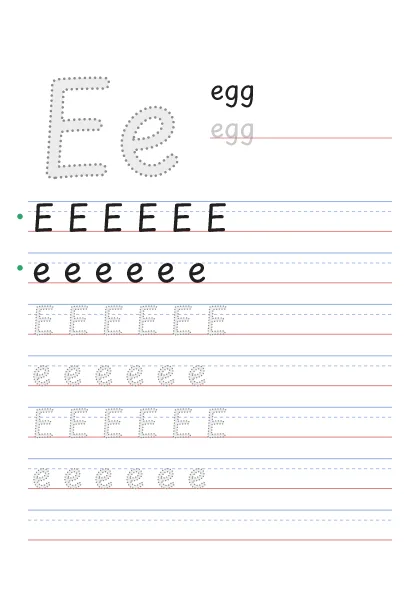Letter E tracing worksheet with a big Ee, the word egg and rows to trace