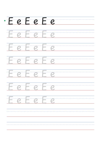 Letter E tracing worksheet with uppercase E and lowercase e on guide lines