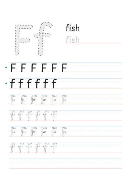 Letter F tracing worksheet with a big Ff, the word fish and rows to trace