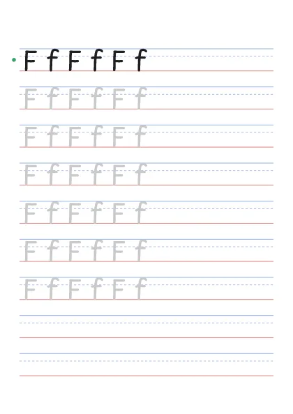Letter F tracing worksheet with uppercase F and lowercase f on guide lines