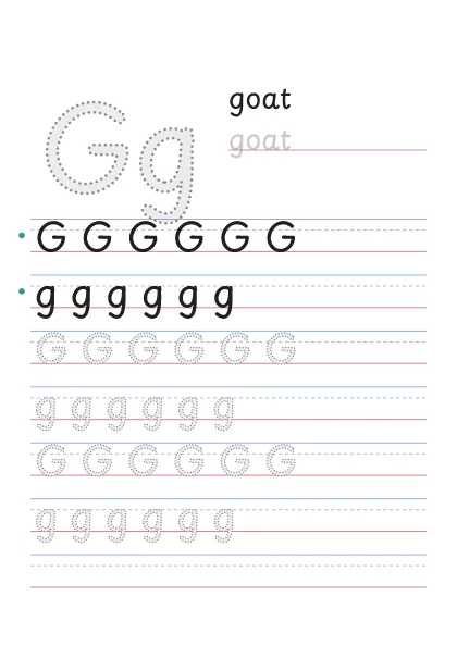 Letter G tracing worksheet with a big Gg, the word goat and rows to trace