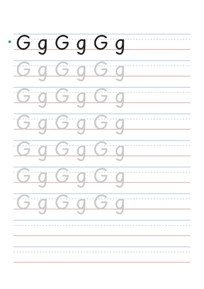 Letter G tracing worksheet with uppercase G and lowercase g on guide lines