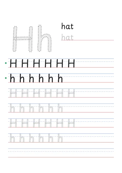Letter H tracing worksheet with a big Hh, the word hat and rows to trace