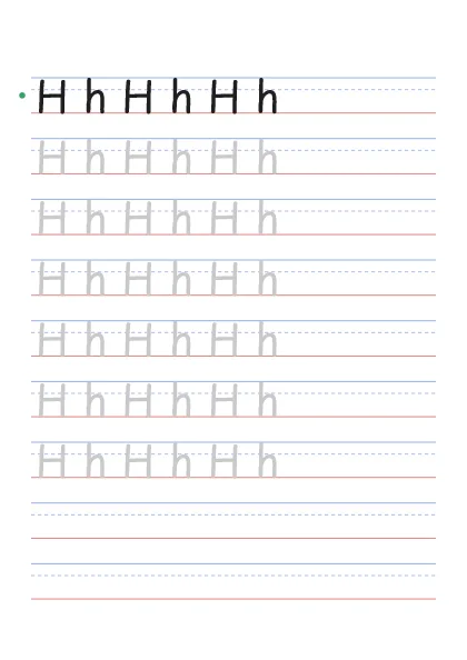 Letter H tracing worksheet with uppercase H and lowercase h on guide lines
