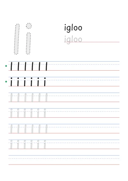 Letter I tracing worksheet with a big Ii, the word igloo and rows to trace