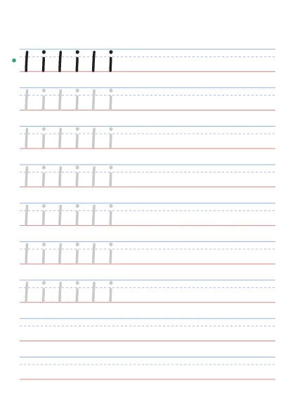 Letter I tracing worksheet with uppercase I and lowercase i on guide lines