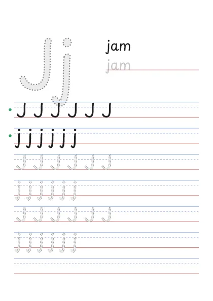 Letter J tracing worksheet with a big Jj, the word jam and rows to trace