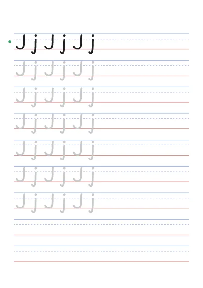 Letter J tracing worksheet with uppercase J and lowercase j on guide lines