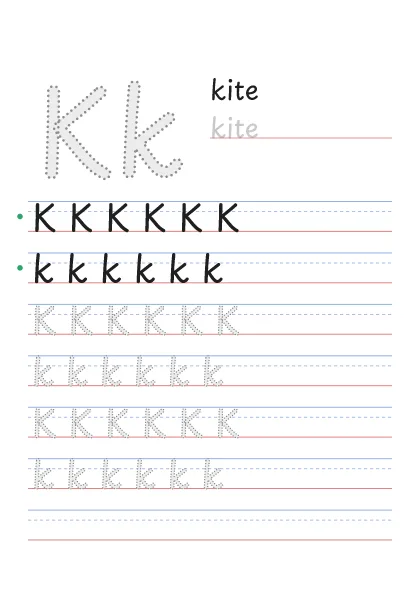 Letter K tracing worksheet with a big Kk, the word kite and rows to trace