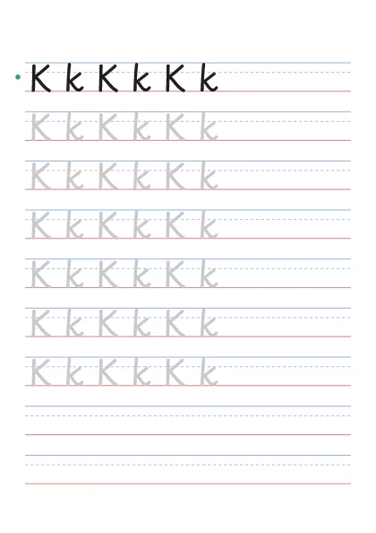 Letter K tracing worksheet with uppercase K and lowercase k on guide lines