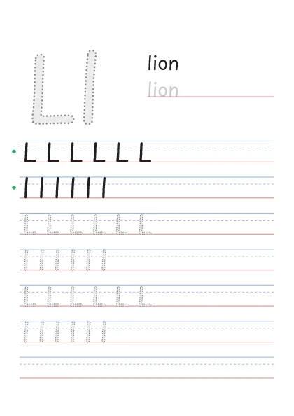 Letter L tracing worksheet with a big Ll, the word lion and rows to trace