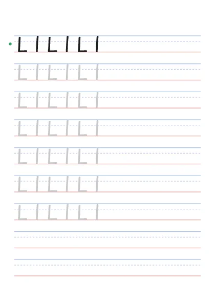 Letter L tracing worksheet with uppercase L and lowercase l on guide lines
