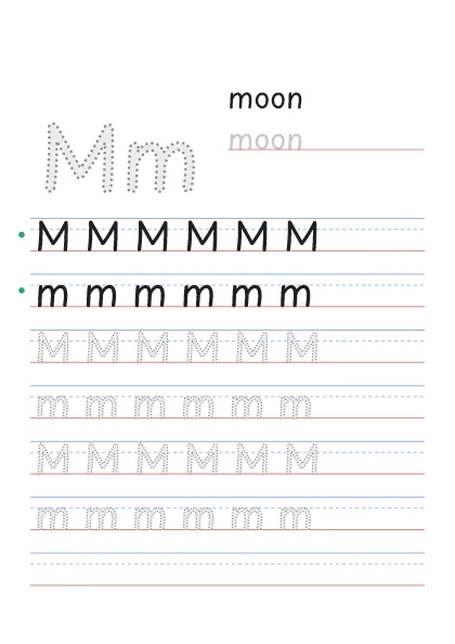 Letter M tracing worksheet with a big Mm, the word moon and rows to trace