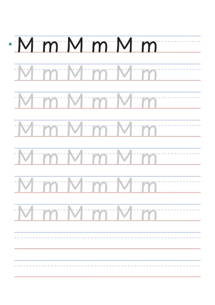 Letter M tracing worksheet with uppercase M and lowercase m on guide lines