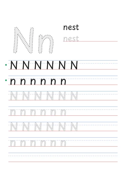 Letter N tracing worksheet with a big Nn, the word nest and rows to trace