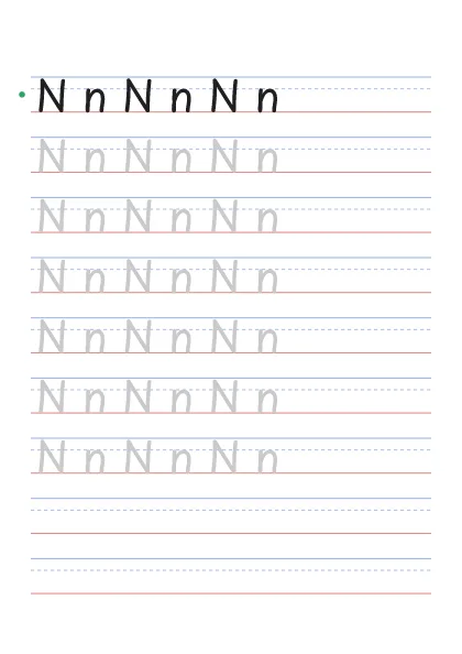 Letter N tracing worksheet with uppercase N and lowercase n on guide lines
