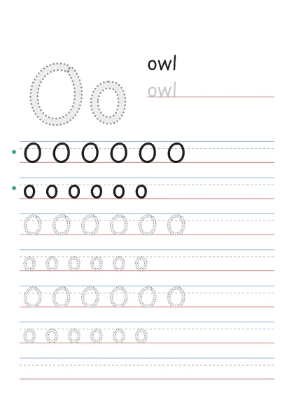 Letter O tracing worksheet with a big Oo, the word owl and rows to trace
