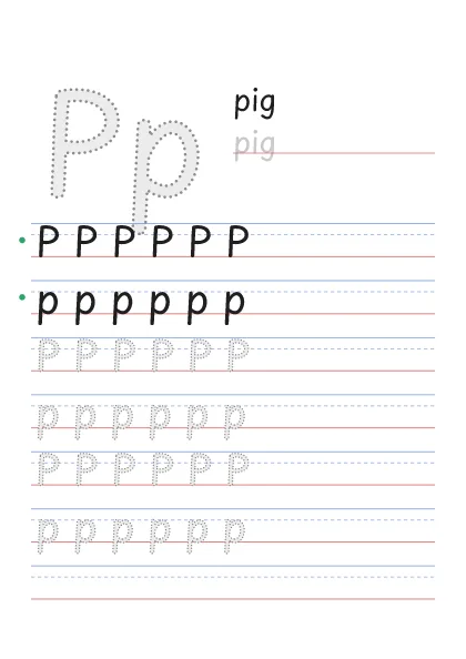 Letter P tracing worksheet with a big Pp, the word pig and rows to trace