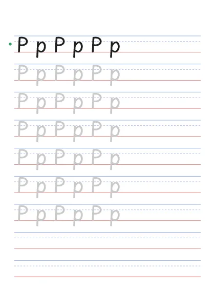 Letter P tracing worksheet with uppercase P and lowercase p on guide lines