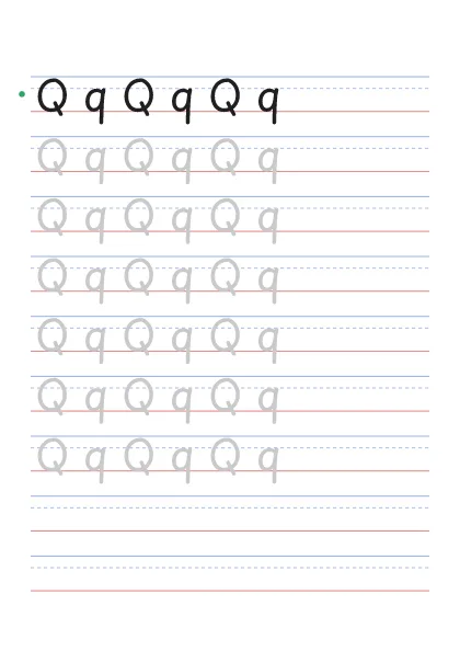 Letter Q tracing worksheet with uppercase Q and lowercase q on guide lines