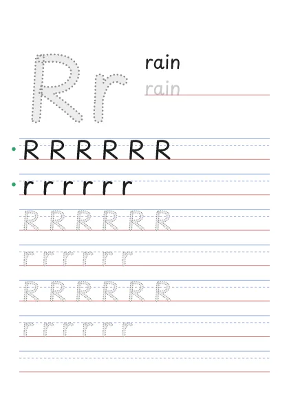 Letter R tracing worksheet with a big Rr, the word rain and rows to trace