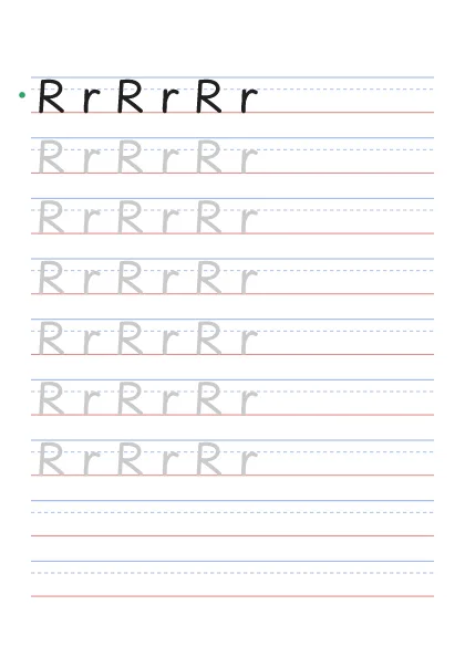 Letter R tracing worksheet with uppercase R and lowercase r on guide lines