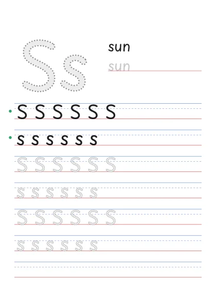 Letter S tracing worksheet with a big Ss, the word sun and rows to trace