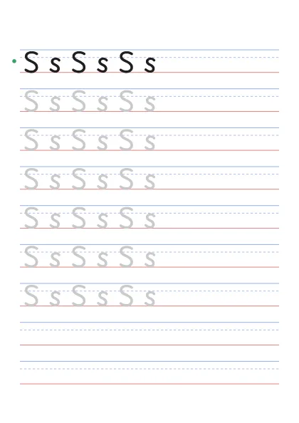 Letter S tracing worksheet with uppercase S and lowercase s on guide lines