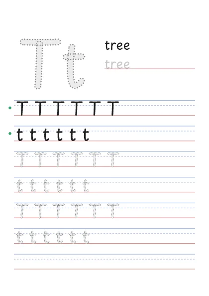Letter T tracing worksheet with a big Tt, the word tree and rows to trace