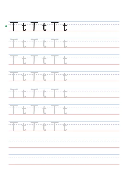 Letter T tracing worksheet with uppercase T and lowercase t on guide lines