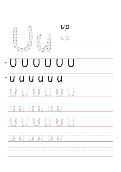Letter U tracing worksheet with a big Uu, the word up and rows to trace